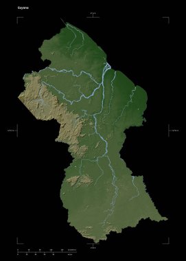 Guyana 'nın göl ve nehirleriyle, uzaklık ölçeği ve harita sınır koordinatlarıyla siyah üzerine izole edilmiş soluk renkli bir yükseklik haritası.