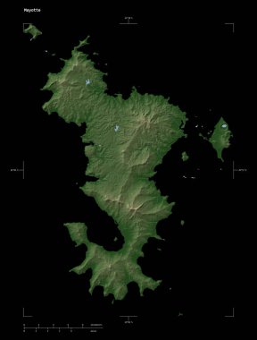 Mayotte gölleri ve nehirleri ile soluk renkli yükseklik haritası şekli, uzaklık ölçeği ve harita sınır koordinatları, siyah üzerine izole