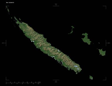Yeni Kaledonya 'nın göl ve nehirleriyle, uzaklık ölçeği ve harita sınır koordinatlarıyla siyah üzerine izole edilmiş soluk renkli bir yükseklik haritası.