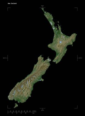 Yeni Zelanda 'nın göl ve nehirleri, uzaklık ölçeği ve harita sınır koordinatlarıyla siyah üzerine izole edilmiş soluk renkli bir yükseklik haritası.