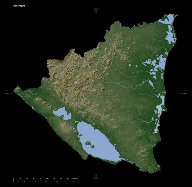 Nikaragua 'nın göl ve nehirleri, uzaklık ölçeği ve harita sınır koordinatlarıyla siyah üzerine izole edilmiş soluk renkli bir yükseklik haritası.