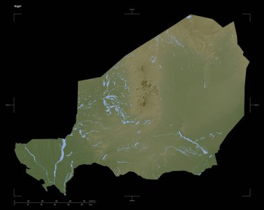 Nijer 'in göl ve nehirleriyle, uzaklık ölçeği ve harita sınır koordinatlarıyla siyah üzerine izole edilmiş soluk renkli bir yükseklik haritası.