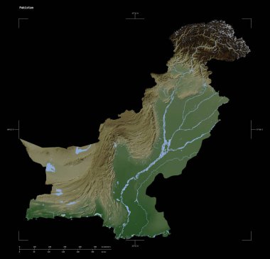 Pakistan 'ın göl ve nehirleriyle, uzaklık ölçeği ve harita sınır koordinatlarıyla izole edilmiş soluk renkli bir yükseklik haritası.
