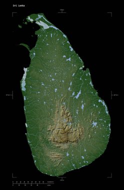 Sri Lanka 'nın göl ve nehirleriyle, uzaklık ölçeği ve harita sınır koordinatlarıyla siyah üzerine izole edilmiş soluk renkli bir yükseklik haritası.