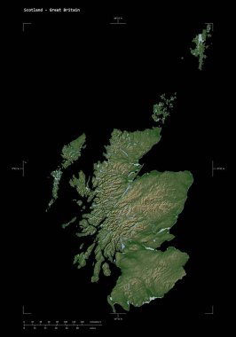 İskoçya 'nın göl ve nehirleriyle donuk renkli bir yükseklik haritası şekli - Büyük Britanya, uzaklık ölçeği ve harita sınır koordinatlarıyla, siyah üzerine izole edilmiş