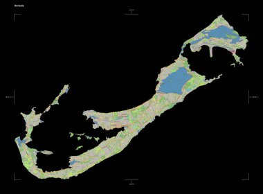 Bermuda 'nın bir topoğrafi, OSM standart biçim haritası, uzaklık ölçeği ve harita sınır koordinatları, siyah üzerinde izole