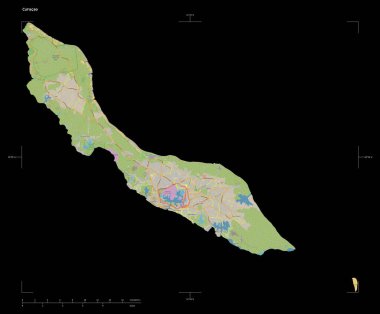 Siyah üzerinde izole edilmiş, uzaklık ölçeği ve harita sınır koordinatlarıyla Curacao 'nun bir topoğrafik, OSM standart biçim haritası