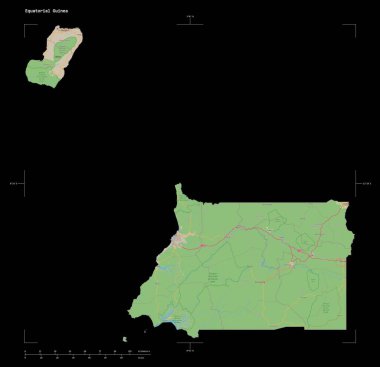 Ekvator Ginesi 'nin OSM standart biçim haritası, uzaklık ölçeği ve harita sınır koordinatları, siyah üzerine izole edilmiş bir topoğrafik şekil