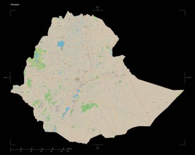 Etiyopya 'nın bir topoğrafik, OSM standart biçim haritası, uzaklık ölçeği ve harita sınır koordinatları, siyah üzerine izole