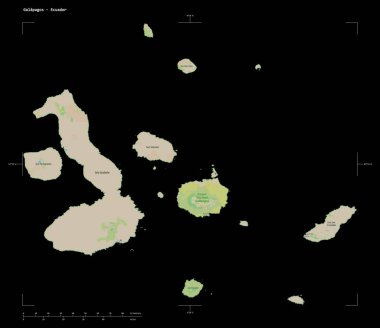 Bir topografik şekil, OSM standart Galapagos - Ekvador, uzaklık ölçeği ve harita sınır koordinatları, siyah üzerine izole