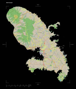 Martinique 'in bir topoğrafik, OSM standart biçim haritası, uzaklık ölçeği ve harita sınır koordinatlarıyla, siyah üzerine izole edilmiş