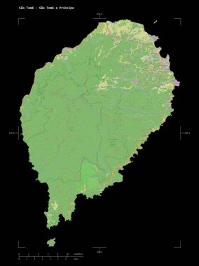 Sao Tome - Sao Tome e Principe, uzaklık ölçeği ve harita sınır koordinatlarıyla, siyah üzerine izole edilmiş bir topoğrafik, OSM standart biçim haritası