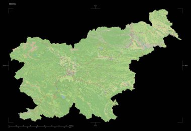 Slovenya 'nın bir topoğrafi, OSM standart biçim haritası, uzaklık ölçeği ve harita sınır koordinatlarıyla, siyah üzerine izole edilmiş