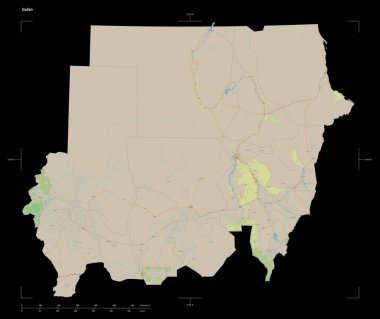 Sudan 'ın bir topoğrafi, OSM standart haritası, uzaklık ölçeği ve harita sınır koordinatları, siyah üzerinde izole