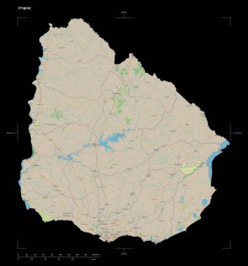 Bir topografik, OSM standart Uruguay haritası, uzaklık ölçeği ve harita sınır koordinatları, siyah üzerinde izole