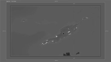 Anguilla, ülkenin başkenti, haritası, uzaklık ölçeği ve sınır koordinatlarıyla gölleri ve nehirleri gösteren bir Gri Tonlama yükseklik haritasına vurgulandı