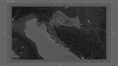 Hırvatistan, ülkenin başkenti, haritası, uzaklık ölçeği ve sınır koordinatlarıyla gölleri ve nehirleri gösteren bir Gri Tonlama yükselti haritasına vurgulandı