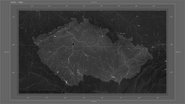 Çek Cumhuriyeti, ülkenin başkenti, haritası, uzaklık ölçeği ve harita sınır koordinatlarıyla gölleri ve nehirleri gösteren bir Gri Tonlama yükseklik haritasına vurgulandı