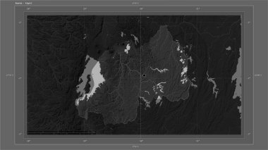 Ruanda, ülkenin başkenti, haritası, uzaklık ölçeği ve harita sınır koordinatlarıyla gölleri ve nehirleri gösteren bir Gri Tonlama yükseklik haritasına vurgulandı