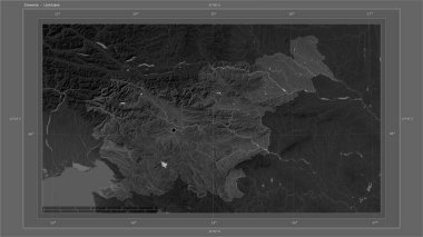 Slovenya, ülkenin başkenti, haritası, uzaklık ölçeği ve harita sınır koordinatlarıyla gölleri ve nehirleri gösteren bir Gri Tonlama yükselti haritasına vurgulandı