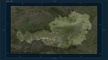 Avusturya, ülkenin başkenti, haritası, uzaklık ölçeği ve harita sınır koordinatlarıyla yüksek çözünürlüklü bir uydu haritası üzerinde vurgulandı