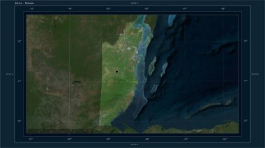 Belize, ülkenin başkenti, haritası, uzaklık ölçeği ve harita sınır koordinatlarıyla yüksek çözünürlüklü bir uydu haritasına vurgulandı