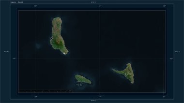Komorolar, ülkenin başkenti, haritası, uzaklık ölçeği ve harita sınır koordinatlarıyla yüksek çözünürlüklü bir uydu haritasına vurgulandı