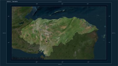 Honduras, ülkenin başkenti, haritası, uzaklık ölçeği ve harita sınır koordinatlarıyla yüksek çözünürlüklü bir uydu haritasına vurgulandı