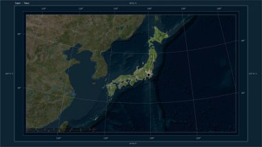 Japonya, ülkenin başkenti, haritası, uzaklık ölçeği ve harita sınır koordinatlarıyla yüksek çözünürlüklü bir uydu haritasında vurgulandı