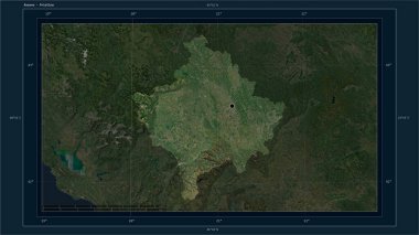 Kosova, ülkenin başkenti, haritası, uzaklık ölçeği ve harita sınır koordinatlarıyla birlikte yüksek çözünürlüklü bir uydu haritasına vurgu yaptı