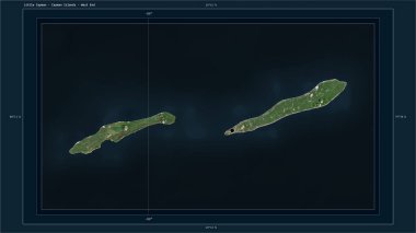 Little Cayman - Cayman Adaları ülkenin başkenti, haritası, uzaklık ölçeği ve harita sınır koordinatlarıyla yüksek çözünürlüklü bir uydu haritasına vurgulandı