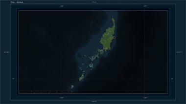 Palau, ülkenin başkenti, haritası, uzaklık ölçeği ve harita sınır koordinatlarıyla yüksek çözünürlüklü bir uydu haritasına vurgulandı