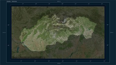 Slovakya, ülkenin başkenti, haritası, uzaklık ölçeği ve harita sınır koordinatlarıyla yüksek çözünürlüklü bir uydu haritasına vurgulandı