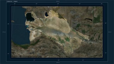 Türkmenistan, ülkenin başkenti, haritası, uzaklık ölçeği ve harita sınır koordinatlarıyla yüksek çözünürlüklü bir uydu haritasına vurgulandı