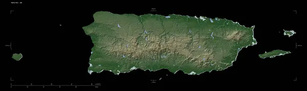 Puerto Riko 'nun göl ve nehirlerinin yer aldığı açık renkli bir yükseklik haritası şekli - ABD, uzaklık ölçeği ve harita sınır koordinatlarıyla, siyah üzerine izole edilmiş