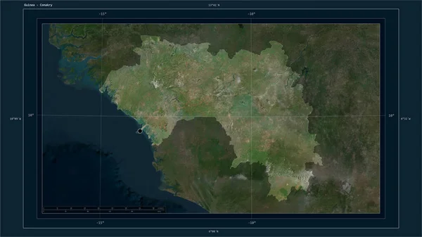 Guinea Destaca Mapa Satelital Alta Resolución Con Punto Capital Del — Foto de Stock