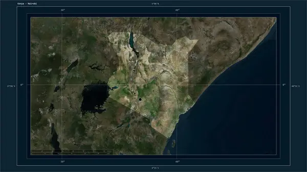 Stock image Kenya highlighted on a high resolution satellite map map with the country's capital point, cartographic grid, distance scale and map border coordinates