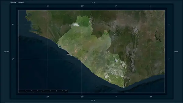 Liberia Destaca Mapa Satelital Alta Resolución Con Punto Capital Del — Foto de Stock