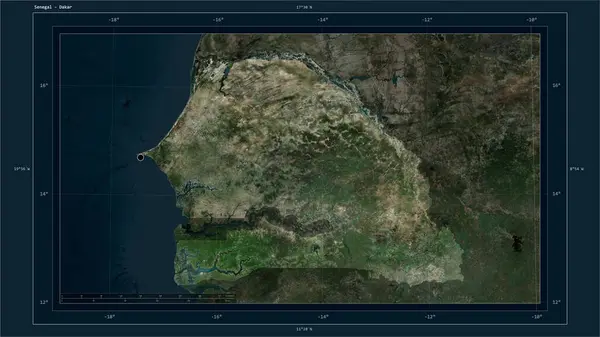 Senegal Destaca Mapa Satelital Alta Resolución Con Punto Capital Del — Foto de Stock
