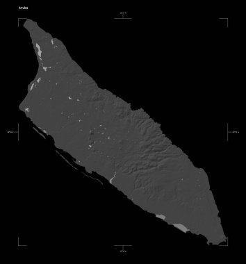 Aruba 'nın göl ve nehirleriyle, uzaklık ölçeği ve harita sınır koordinatlarıyla, siyah üzerine izole edilmiş çift seviyeli bir yükseklik haritasının şekli