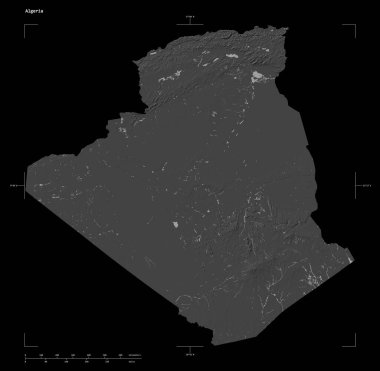 Cezayir 'in göl ve nehirleriyle, uzaklık ölçeği ve harita sınır koordinatlarıyla, siyah üzerine izole edilmiş, çift seviyeli bir yükseklik haritası.