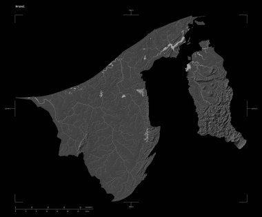 Brunei 'nin göl ve nehirleriyle, uzaklık ölçeği ve harita sınır koordinatlarıyla, siyah üzerine izole edilmiş çift seviyeli bir yükseklik haritası.