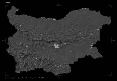 Bulgaristan 'ın gölleri ve nehirleriyle, uzaklık ölçeği ve harita sınır koordinatlarıyla, siyah üzerine izole edilmiş, çift seviyeli bir yükseklik haritasının şekli