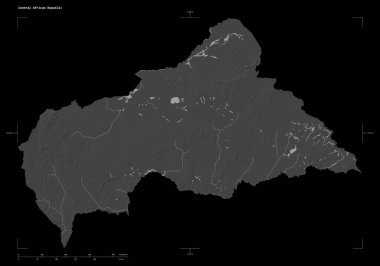 Orta Afrika Cumhuriyeti 'nin göl ve nehirleriyle, uzaklık ölçeği ve harita sınır koordinatlarıyla, siyah üzerine izole edilmiş, çift seviyeli bir yükseklik haritası.