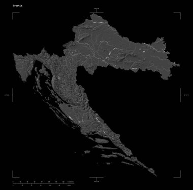 Hırvatistan 'ın gölleri ve nehirleriyle, uzaklık ölçeği ve harita sınır koordinatlarıyla, siyah üzerine izole edilmiş, çift seviyeli bir yükseklik haritasının şekli