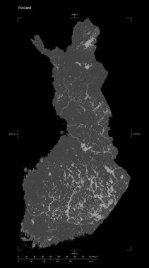 Finlandiya 'nın göl ve nehirlerinin bulunduğu çift seviyeli yükseklik haritasının şekli, uzaklık ölçeği ve harita sınır koordinatlarıyla, siyah üzerine izole edilmiş