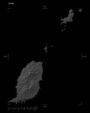 Grenada 'nın göl ve nehirleriyle, uzaklık ölçeği ve harita sınır koordinatlarıyla, siyah üzerine izole edilmiş çift seviyeli bir yükseklik haritasının şekli