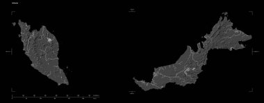 Malezya 'nın göl ve nehirleriyle, uzaklık ölçeği ve harita sınır koordinatlarıyla, siyah üzerine izole edilmiş çift seviyeli bir yükseklik haritasının şekli