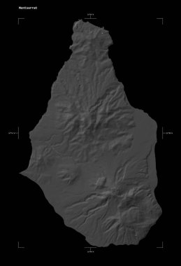 Montserrat 'ın göl ve nehirleriyle, uzaklık ölçeği ve harita sınır koordinatlarıyla, siyah üzerine izole edilmiş, çift seviyeli bir yükseklik haritası.