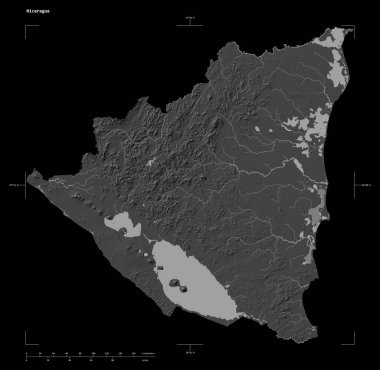 Nikaragua 'nın göl ve nehirleriyle, uzaklık ölçeği ve harita sınır koordinatlarıyla, siyah üzerine izole edilmiş, çift seviyeli bir yükseklik haritasının şekli